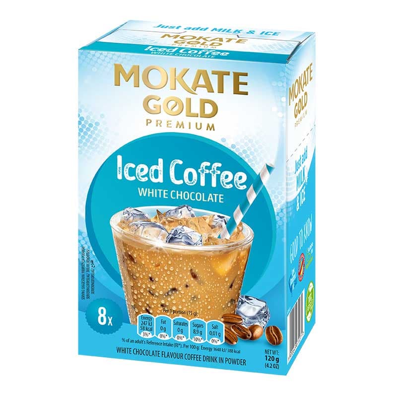 Mocati Gold premium iced coffee with white chocolate, 8 bags of 15 grams each.